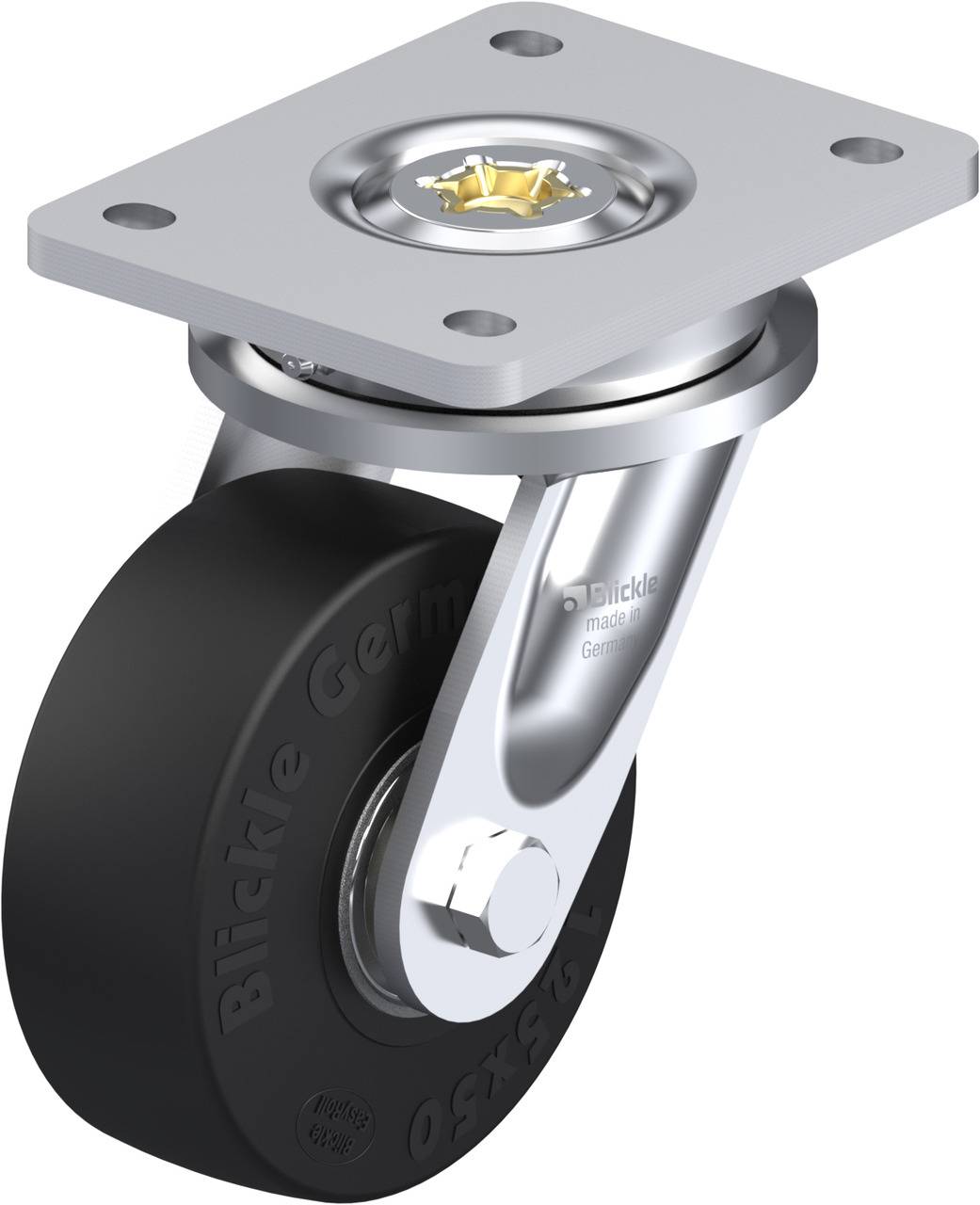 Schwenkrolle mit schwarzem Rad und silbernem Befestigungsplatte. 'Blickle Germany' Schriftzug sichtbar auf der Metallhalterung.