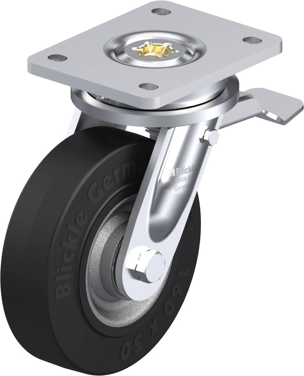 Schwenkrolle mit schwarzem Kunststoffrad und Metallhalterung. Oben eine quadratische Platte zur Befestigung. Geeignet für Möbelbewegung.