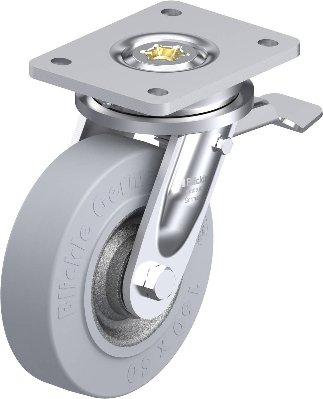Schwenkrolle aus Metall mit grauem Gummirad und rechteckiger Montageplatte; geeignet für Möbel oder industrielle Anwendungen.