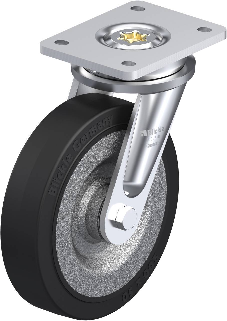 Schwenkrolle aus Metall mit schwarzem Gummirad, markiert mit 'Blickle Germany'. Ideal für den mobilen Einsatz an Geräten oder Möbeln.