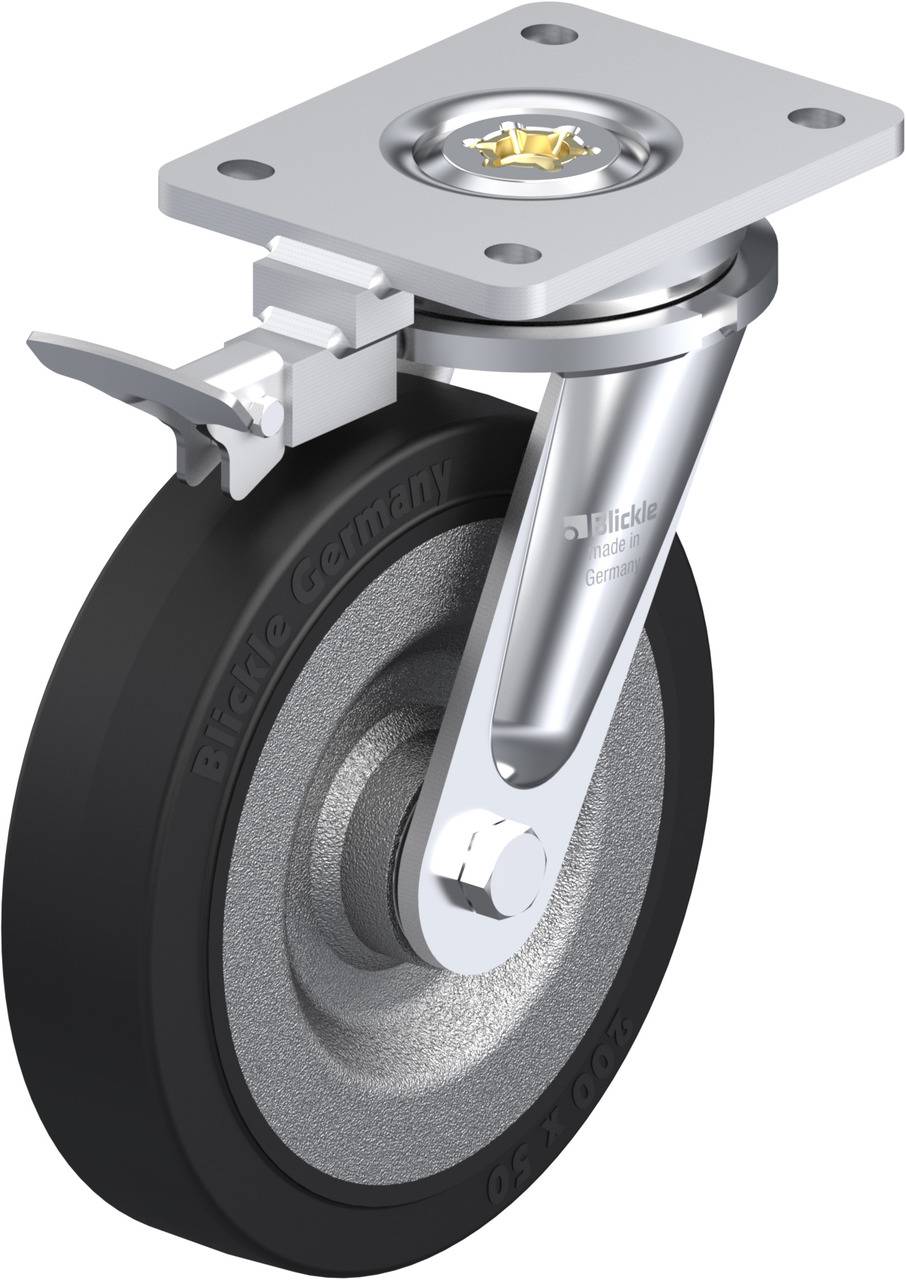 Schwenkrolle mit schwarzem Gummirad und silbernem Metallgehäuse. Oben daran eine rechteckige Montageplatte und seitlich ein Bremshebel.