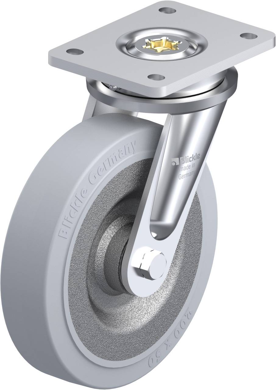 Drehbares Rollenrad mit grauem, robustem Gummireifen. Befestigungsplatte aus Metall oben, geeignet für Möbel oder Industrieausrüstung.