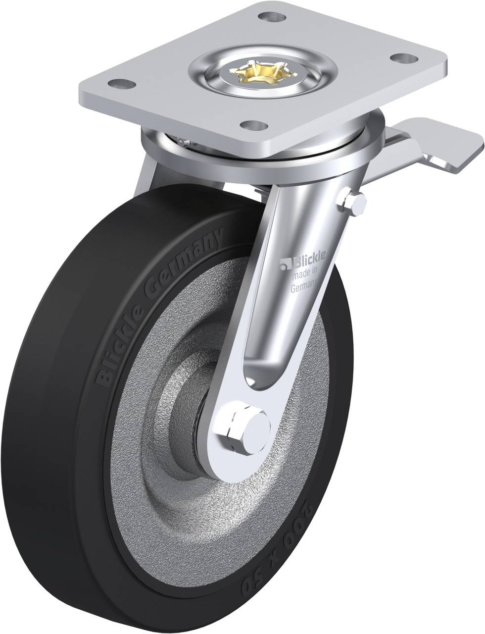 Metallrolle mit schwarzem Rad, Metallplatte oben für Befestigung, geeignet für Transportgeräte.
