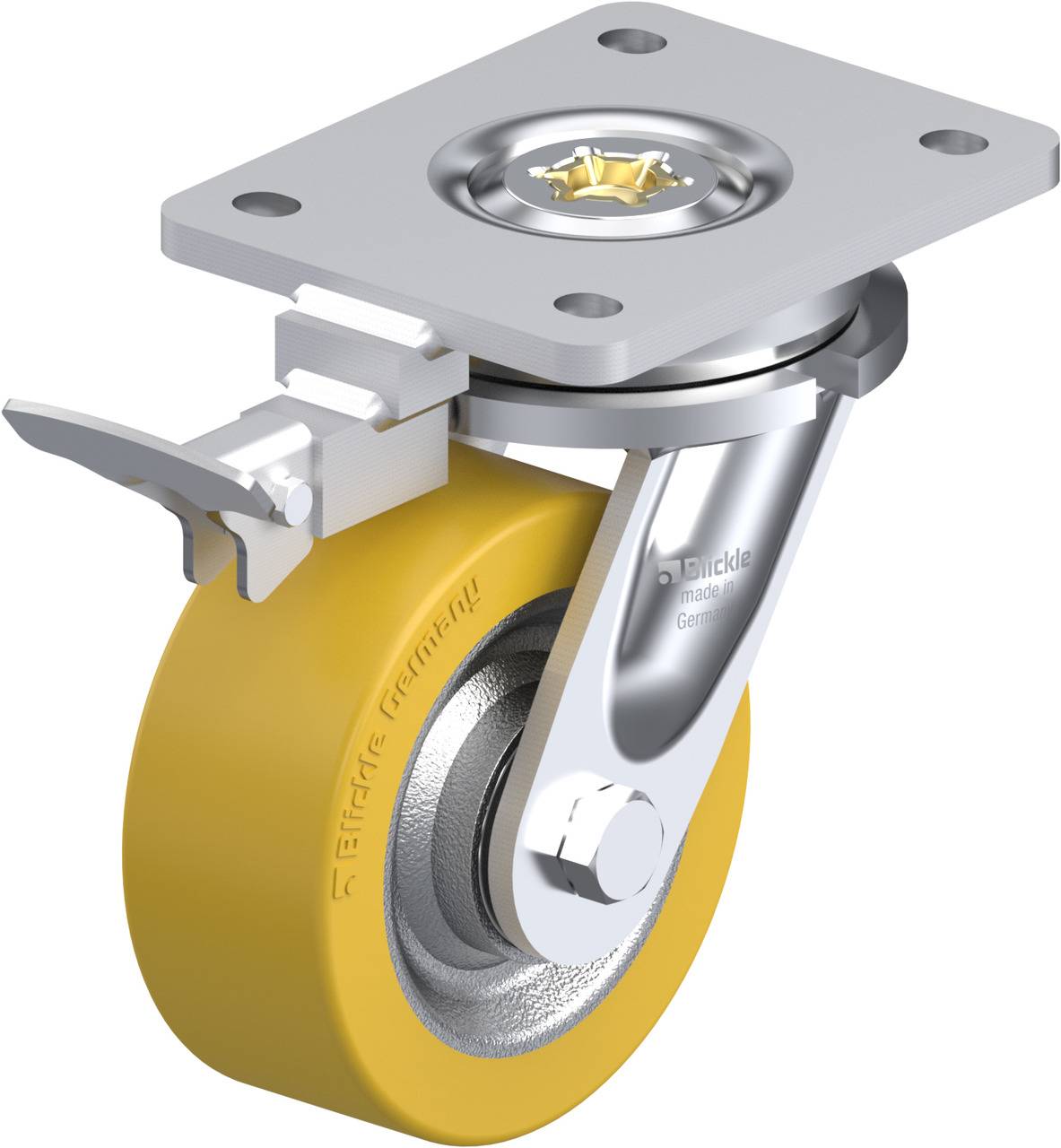 Schwenkrolle mit gelbem Rad, Befestigungsplatte und Bremse. Hergestellt aus Metall mit Schriftzug 'Blickle made in Germany'.