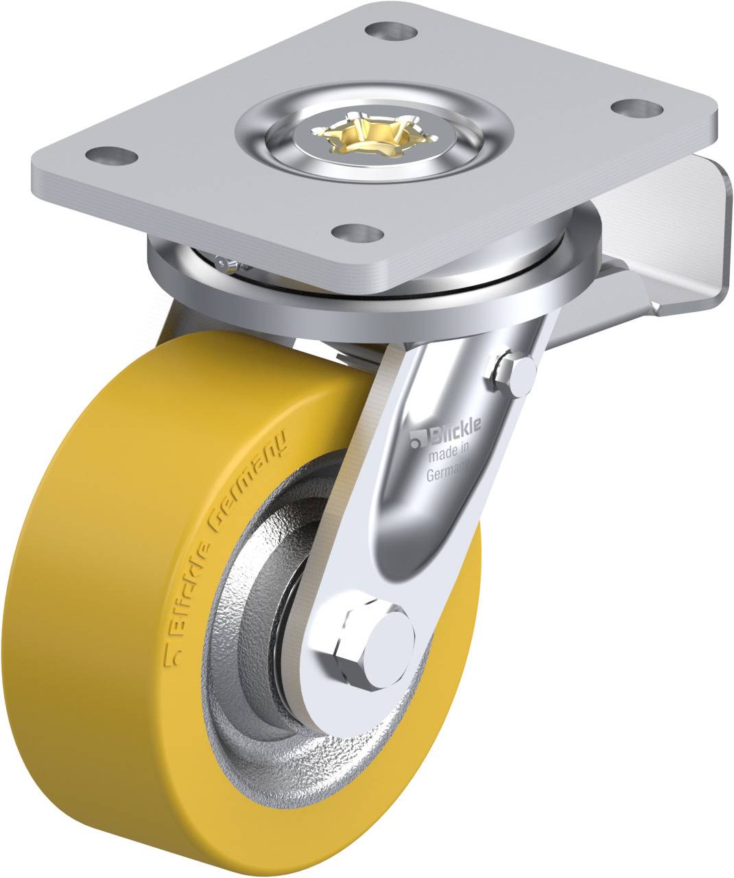 Eine gelbe Schwenkrolle mit Metallgehäuse, geeignet für Möbel oder Transportgeräte.