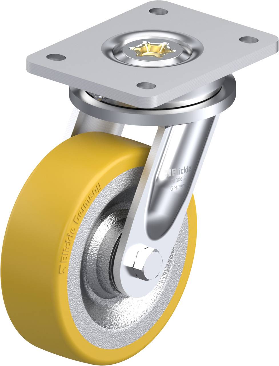 Industrie-Lenkrolle mit gelbem Rad, montiert an einem silbernen Metallrahmen. Geeignet für verschiedene Transportgeräte.