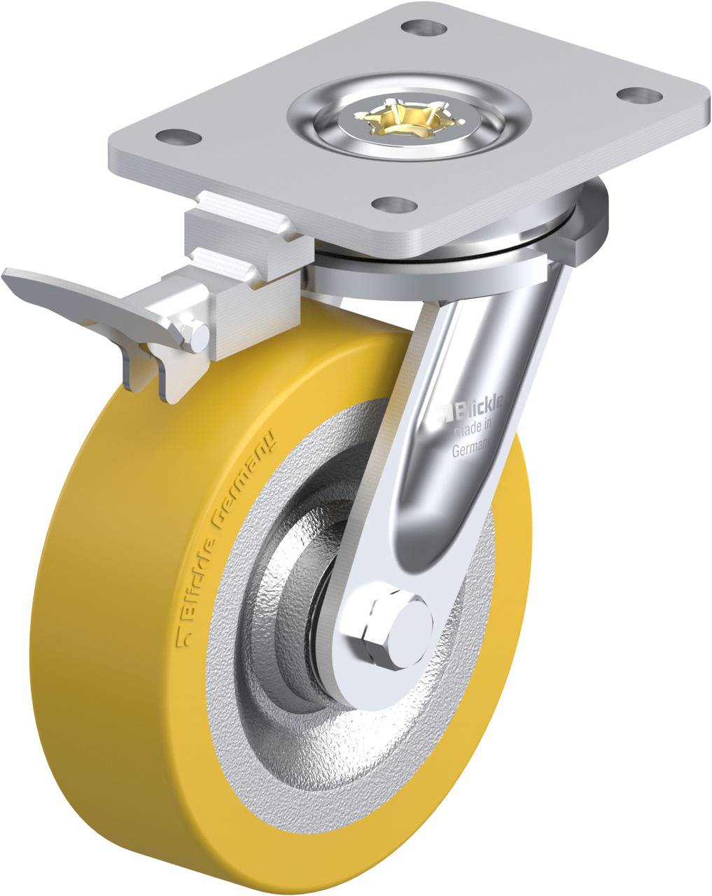 Gelbes Lenk- und Bockrollelement mit Metallträger und Feststellbremse, geeignet für die Montage an Maschinen oder Möbeln.