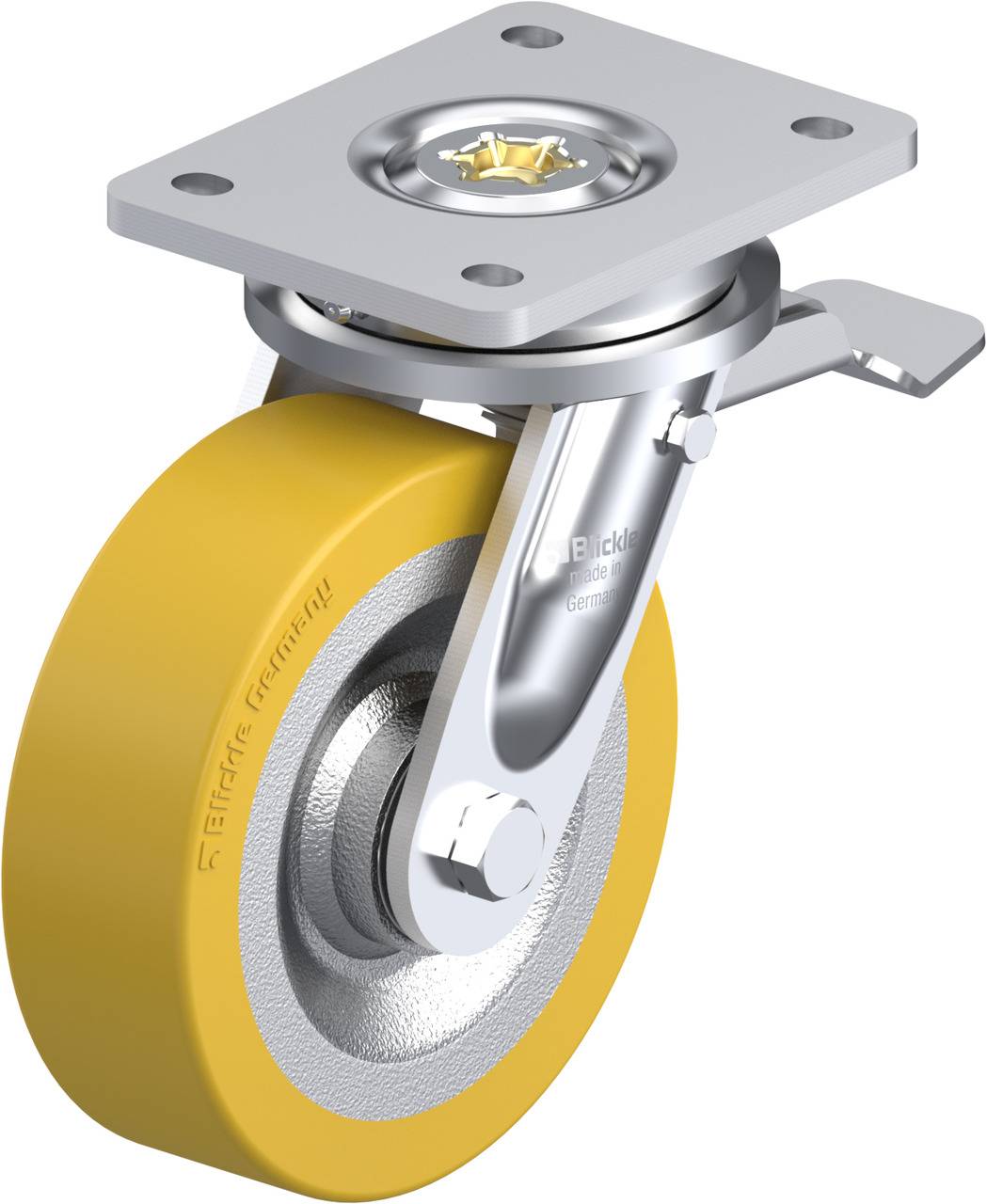 Gelbes Rollrad mit Metallhalterung und Befestigungsplatte, geeignet für industrielle Anwendungen. Markierung 'Blickle Germany' sichtbar.