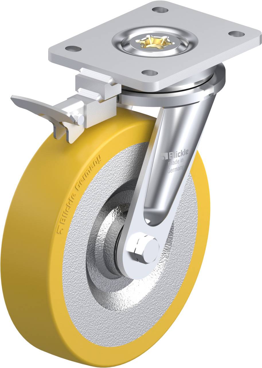 Industrie-Rad mit gelber Rolle, Metallgehäuse und Feststellbremse; für schwere Lasten geeignet.