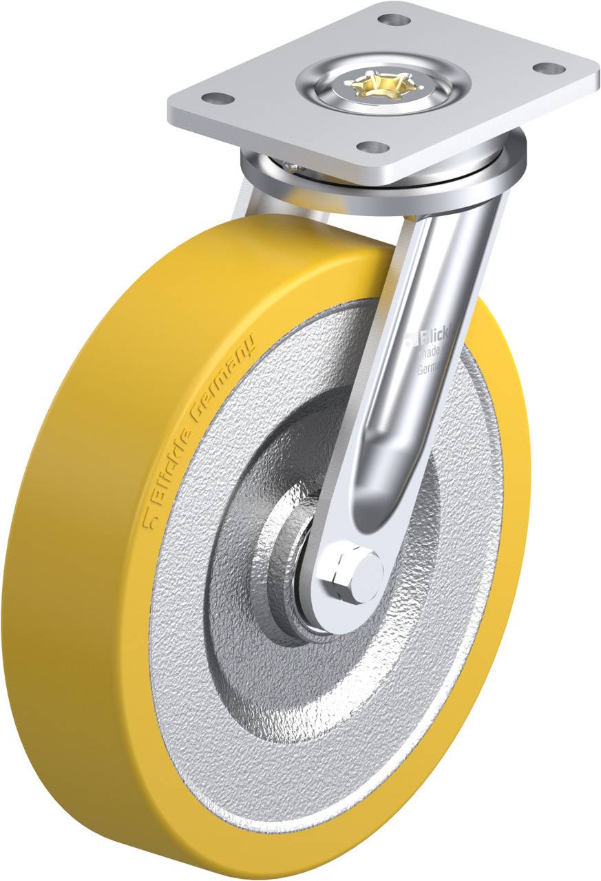 Industrie-Lenkrolle mit gelbem Rad und silbernem Metallgehäuse, geeignet für Schwerlastanwendungen.