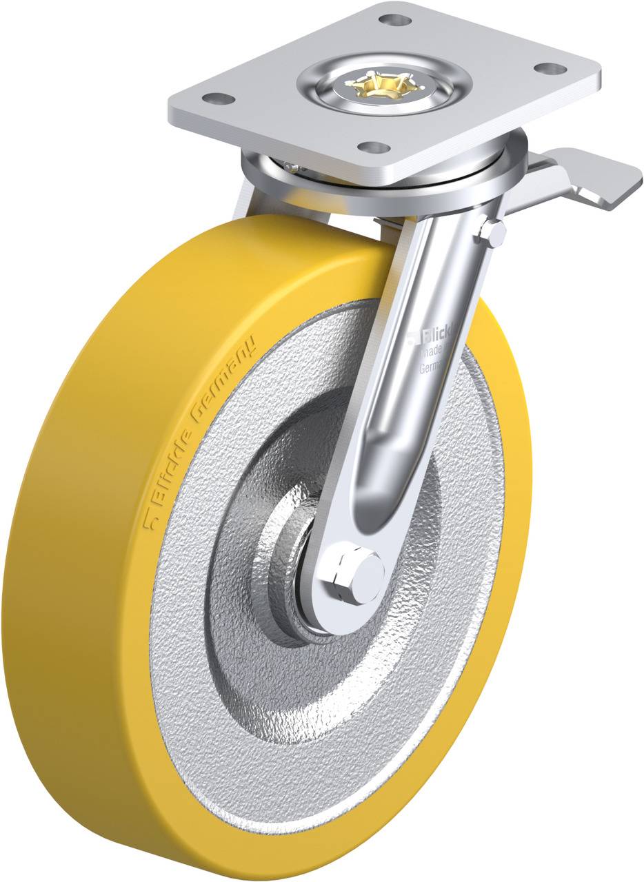 Industrie-Lenkrolle aus Metall mit gelbem Gummi, Befestigungsplatte und kugelgelagertem Drehgelenk für Maschinen oder Wagen.