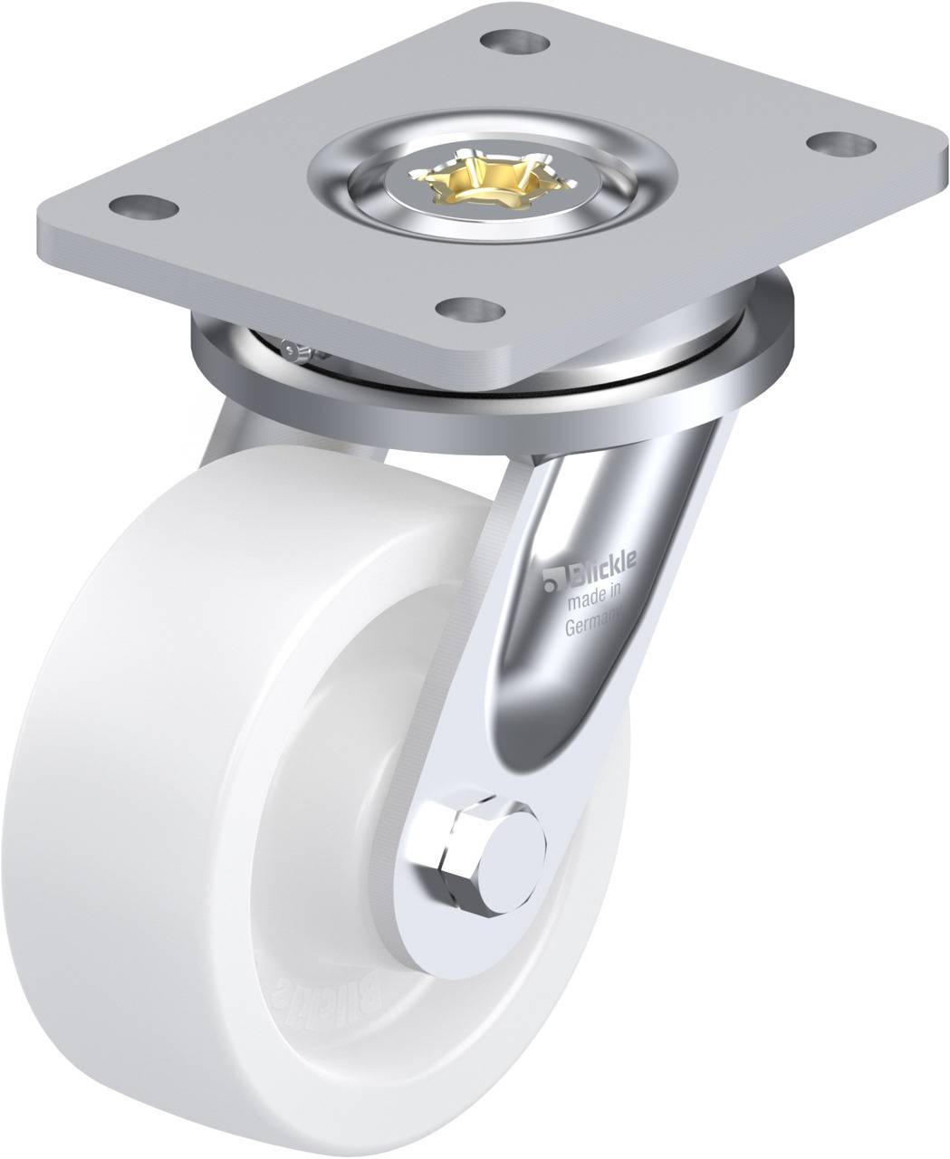Schwenkrolle aus Metall mit weißem Rad und rechteckiger Montageplatte, geeignet für Möbel oder Transportgeräte.