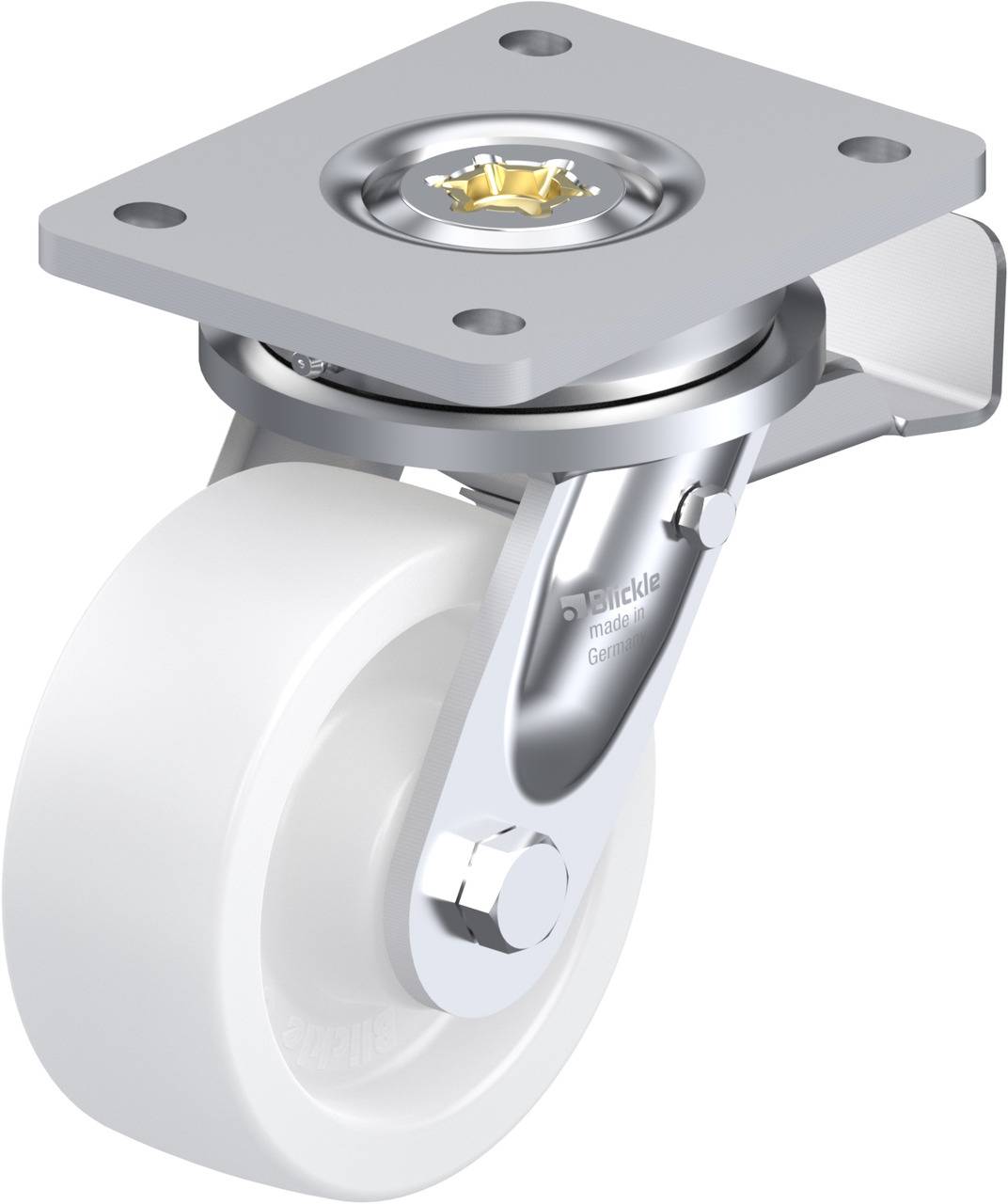 Schwenkrolle mit weißem Rad und Metallhalterung, seitlicher Blick. Geeignet für bewegliche Möbel oder Geräte.