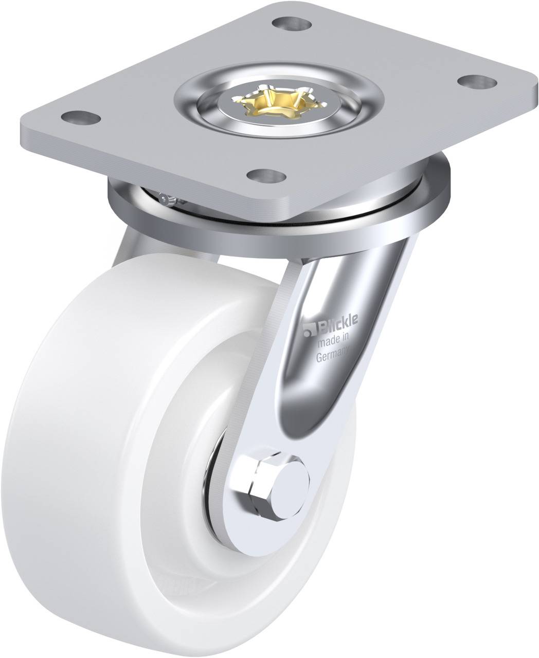 Metallisches Schwerlast-Lenkrolle mit weißem Reifen; verfügt über eine quadratische Befestigungsplatte und ein drehbares Lager für Mobiliar.
