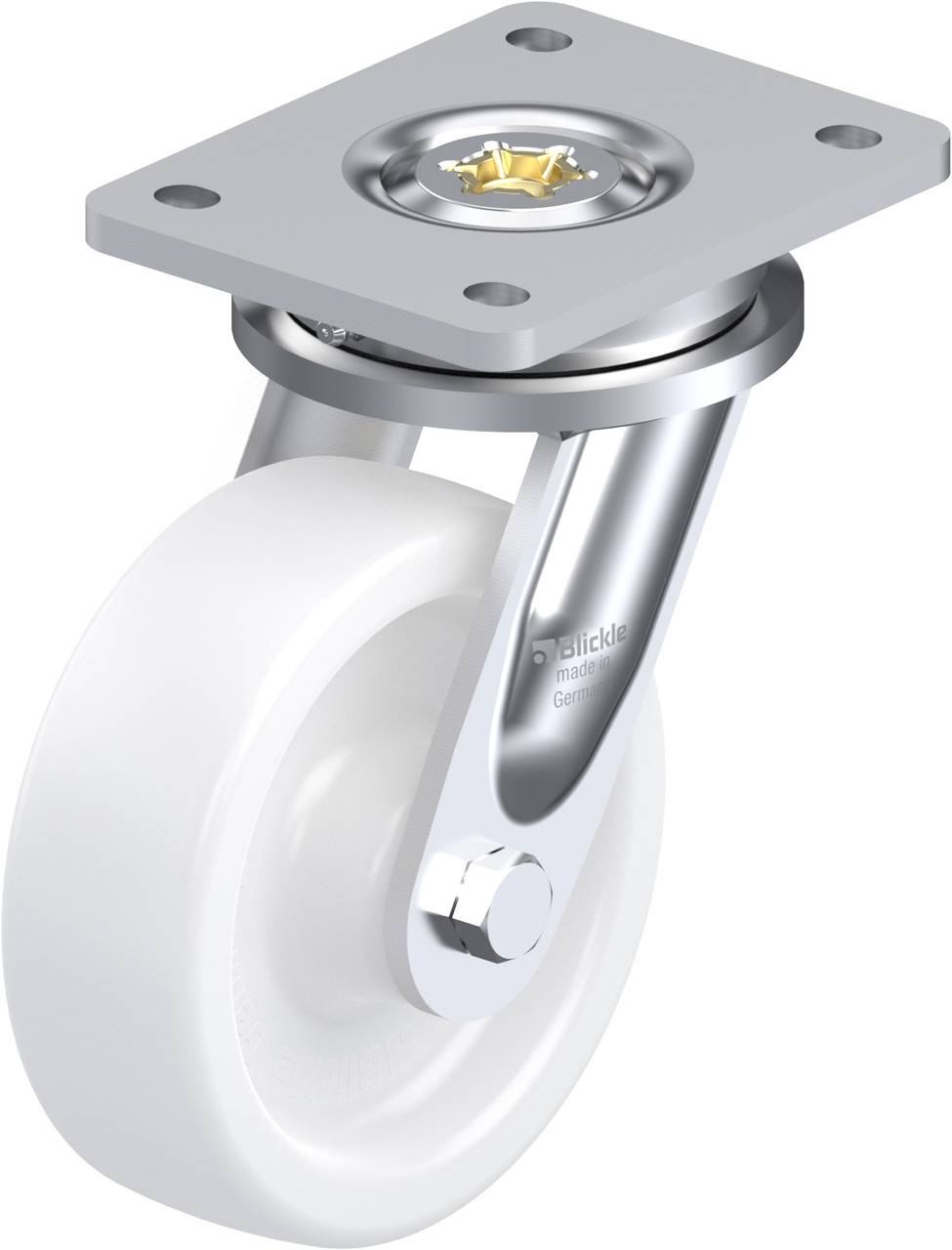 Eine weiße Lenkrolle mit einem silbernen Metallgehäuse, geeignet für industrielle Anwendungen. Markenlogo sichtbar auf der Halterung.