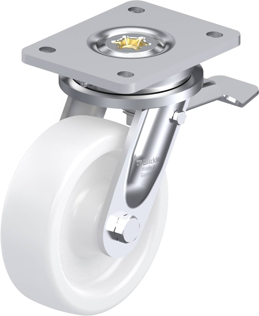 Ein weißes, drehbares Rad mit einer grauen Metallplatte und Bremse, wahrscheinlich Teil eines Möbelstücks oder Wagens, zur Erleichterung der Bewegung.