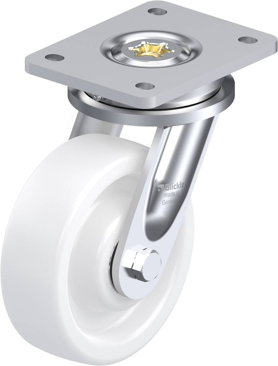 Drehbare Möbelrolle aus Metall mit weißem Rad und Platte, geeignet für den Einsatz an Möbeln für einfache Beweglichkeit und Stabilität.