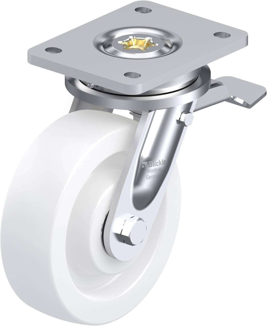 Ein drehbares Möbelrad mit Metallbefestigung und weißem Kunststoffrad, seitlicher Feststellhebel sichtbar.