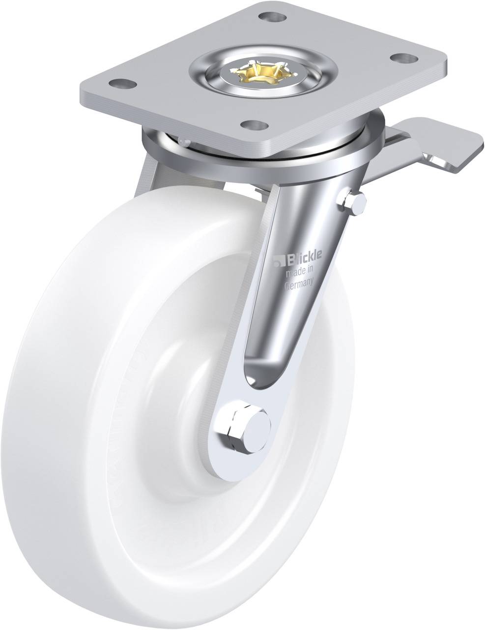 Eine graue Lenkrolle mit weißem Rad und Metallgehäuse, geeignet für den Einsatz an Möbeln oder Transportgeräten.