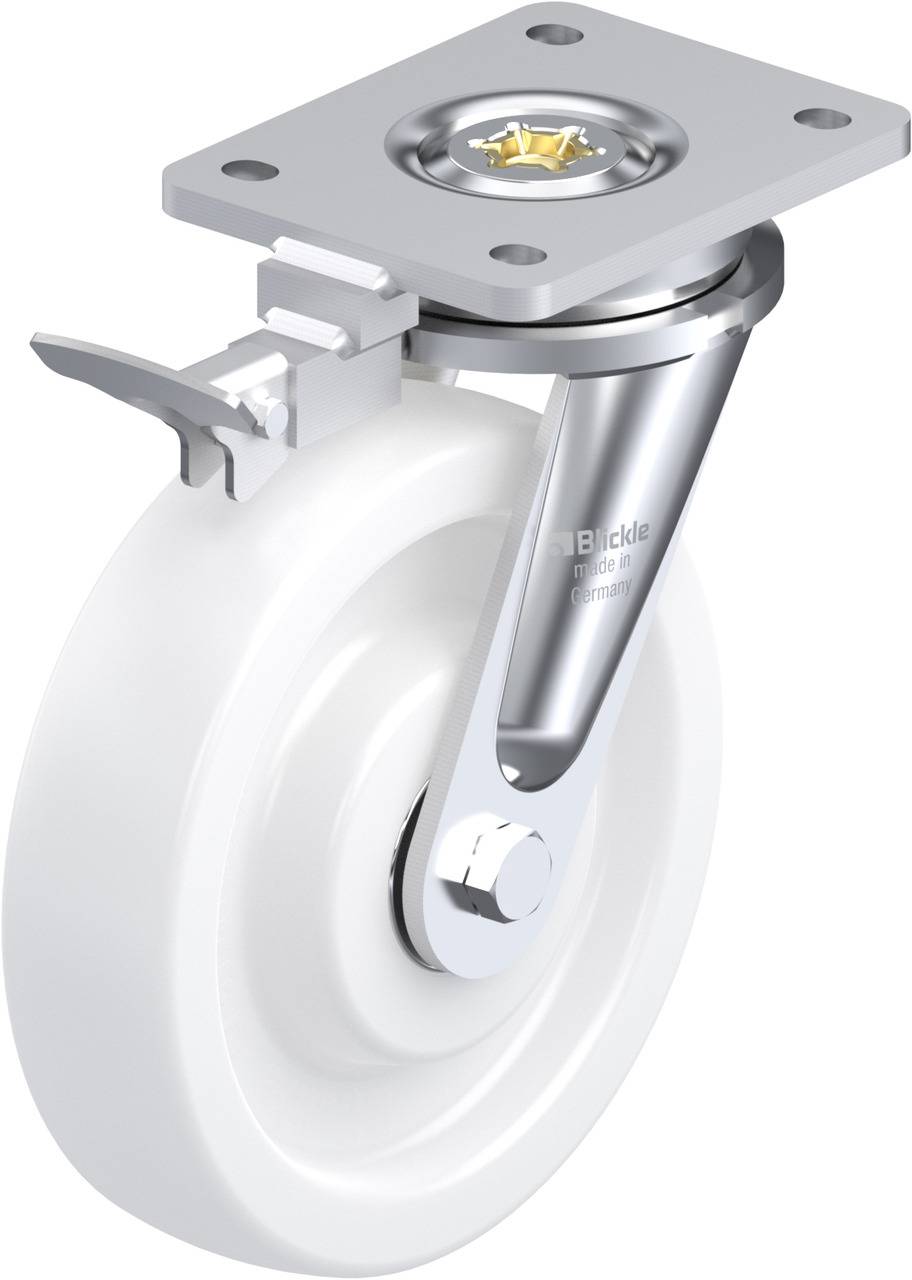 Weiße Lenkrolle mit Metallgehäuse und Stoppvorrichtung, geeignet für Möbel oder Geräte.