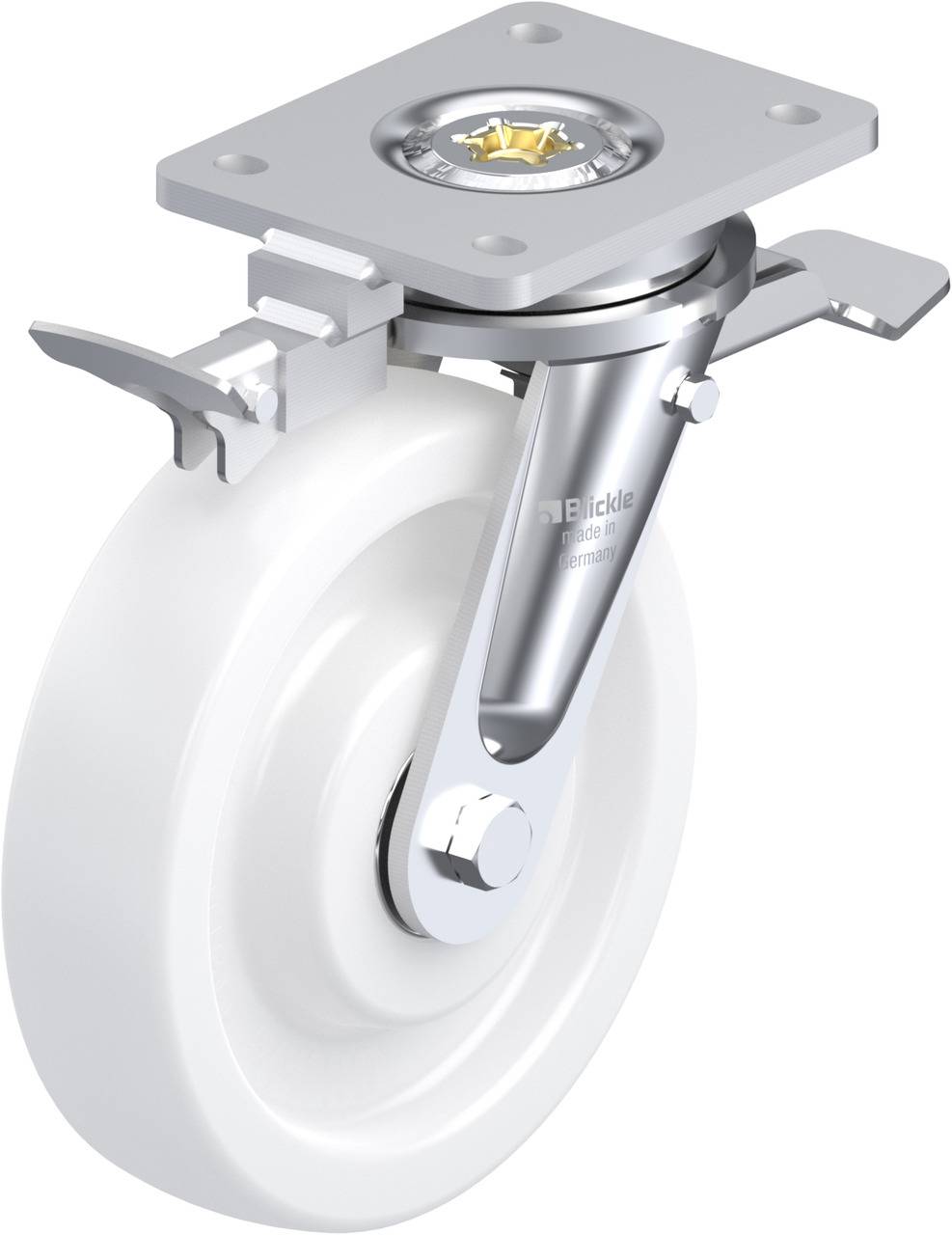 Abgebildet ist eine drehbare Lenkrolle mit weißem Rad und Metallhalterung, geeignet für den Einsatz an Möbeln oder Transportgeräten.