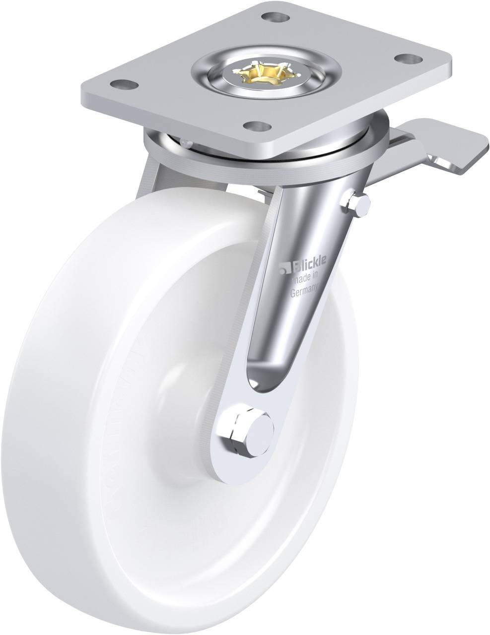 Drehbares weißes Rollenrad mit Metallhalterung, geeignet für den Transport von Möbeln oder Geräten.