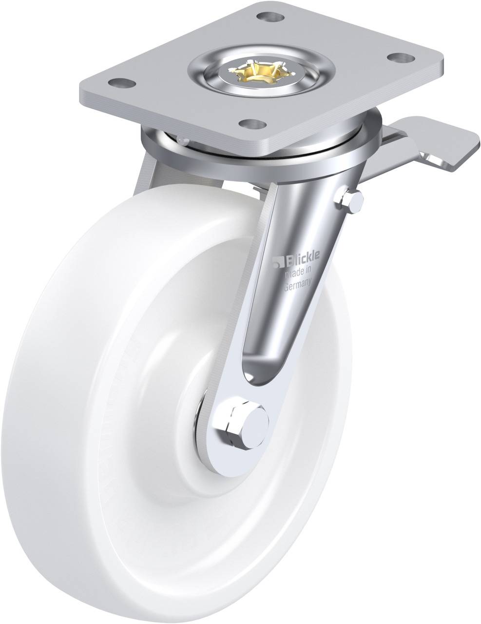 Industrie-Rolle mit weißem Rad und silbernem Metallgestell, geeignet für schwere Lasten. Oben ist eine rechteckige Montageplatte zu sehen.
