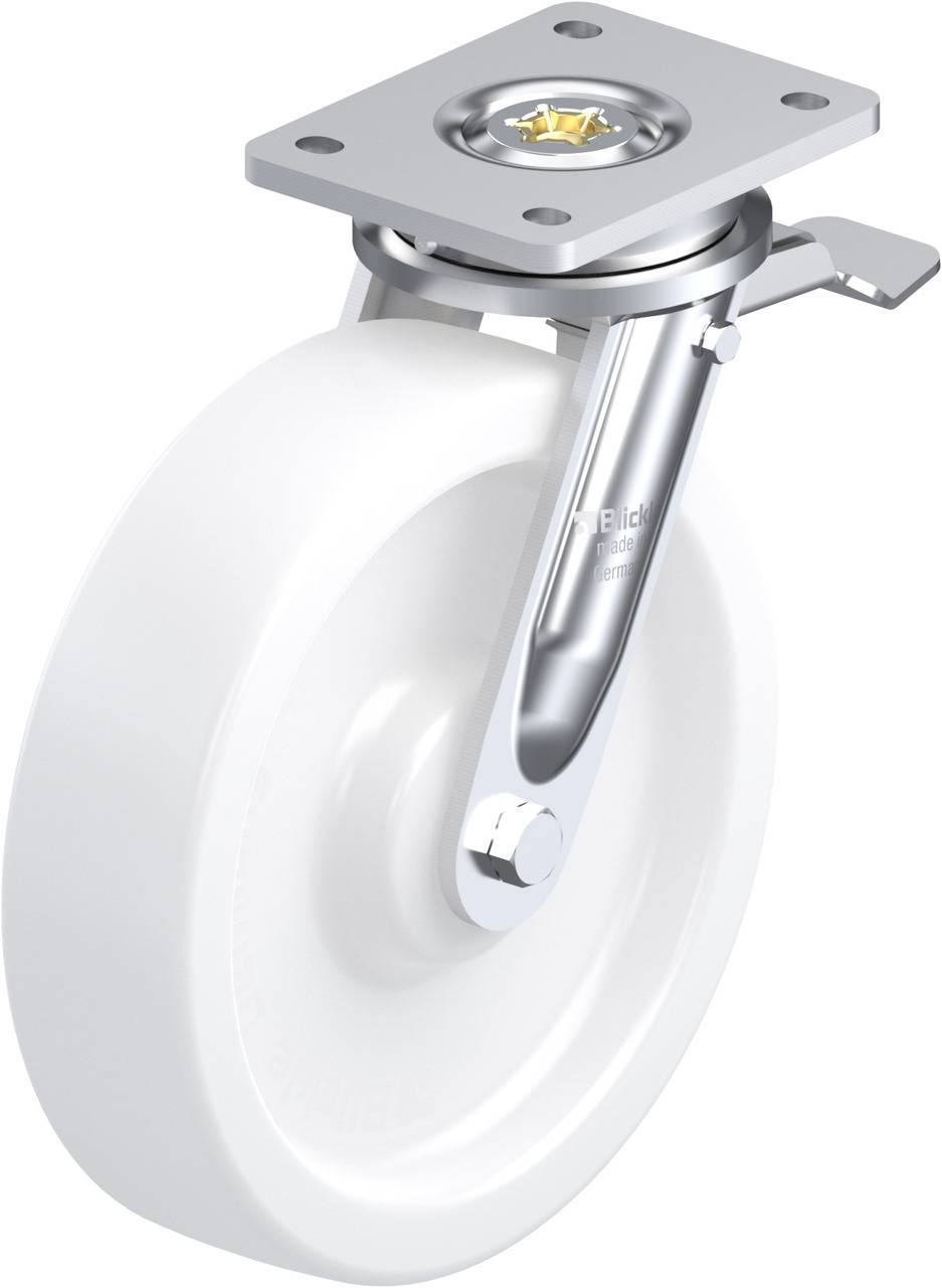 Schwenkrolle mit Metallgehäuse und weißem Kunststoffrad, geeignet für Möbel oder Industrie. Bewegt sich leicht und ist robust.