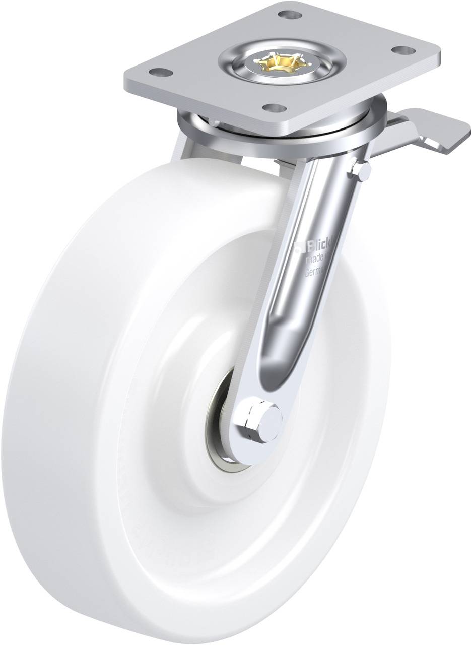 Industrie-Schwenkrolle mit weißem Rad und silbernem Gehäuse, geeignet für Maschinen oder Möbel zur flexiblen Bewegung.