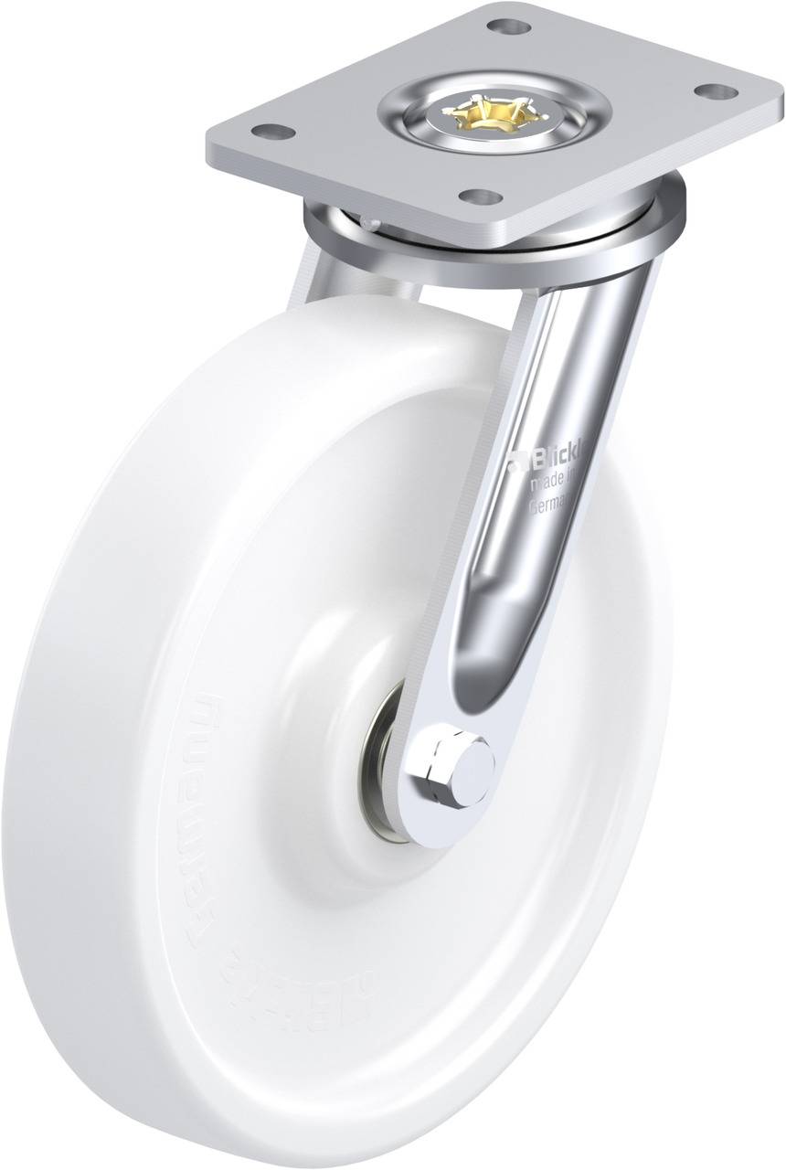 Eine weiße Lenkrolle mit Metallhalterung, geeignet für Möbel oder Maschinen. Sie hat eine flache, rechteckige Befestigungsplatte.