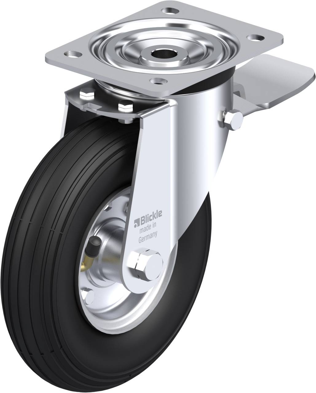 Lenkrolle aus Metall mit schwarzem Rad und Montagesockel. Aufschrift: 'Blickle Made in Germany'. Geeignet für Industrieanwendungen.