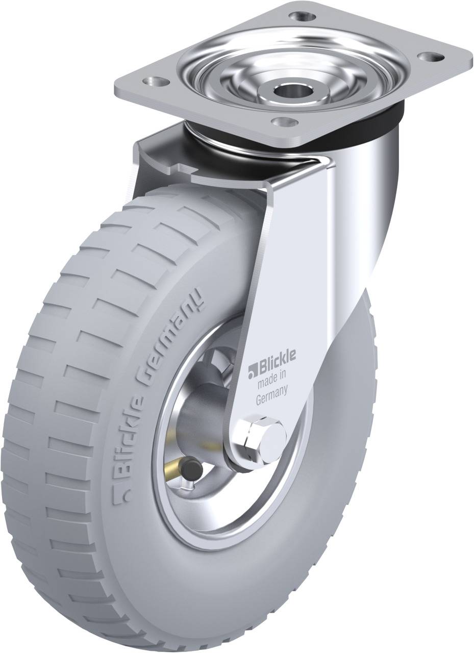 Beschreibung eines schwenkbaren Transportgeräterades aus Metall mit grauem Gummi. Die Aufschrift 'Blickle made in Germany' ist sichtbar.