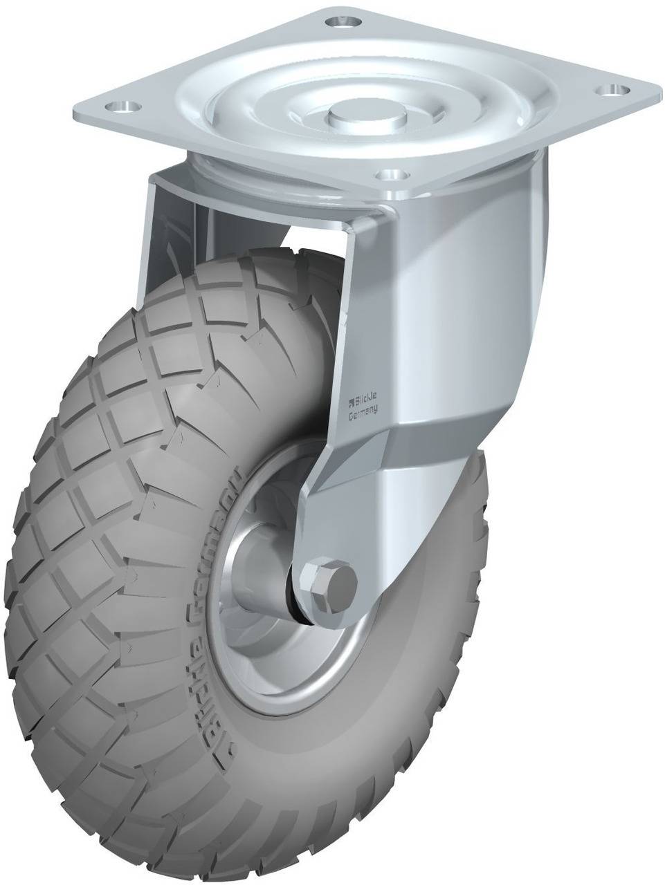 Ein graues Schwerlast-Lenkrollenrad mit Metallhalterung und Profilreifen, geeignet für industrielle Anwendungen.