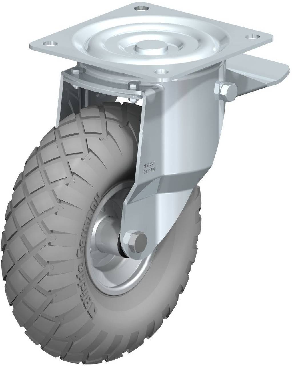 Drehbares Rad aus Metall mit Befestigungsplatte, geeignet für schwere Lasten. Das Rad hat eine grobe Profilierung für besseren Halt.