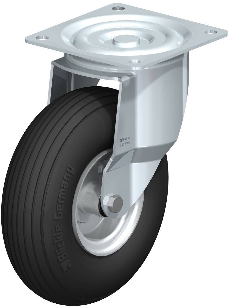 Metallisches Schwenk- und Lenkrad mit schwarzem Gummi, geeignet für industrielle Anwendungen.