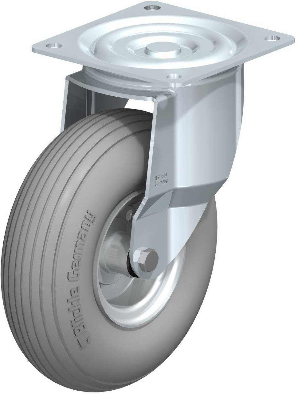 Ein graues, schweres Industrielenkrolle mit drehbarer Metallhalterung, geeignet für den Einsatz an Maschinen oder Transportwagen.