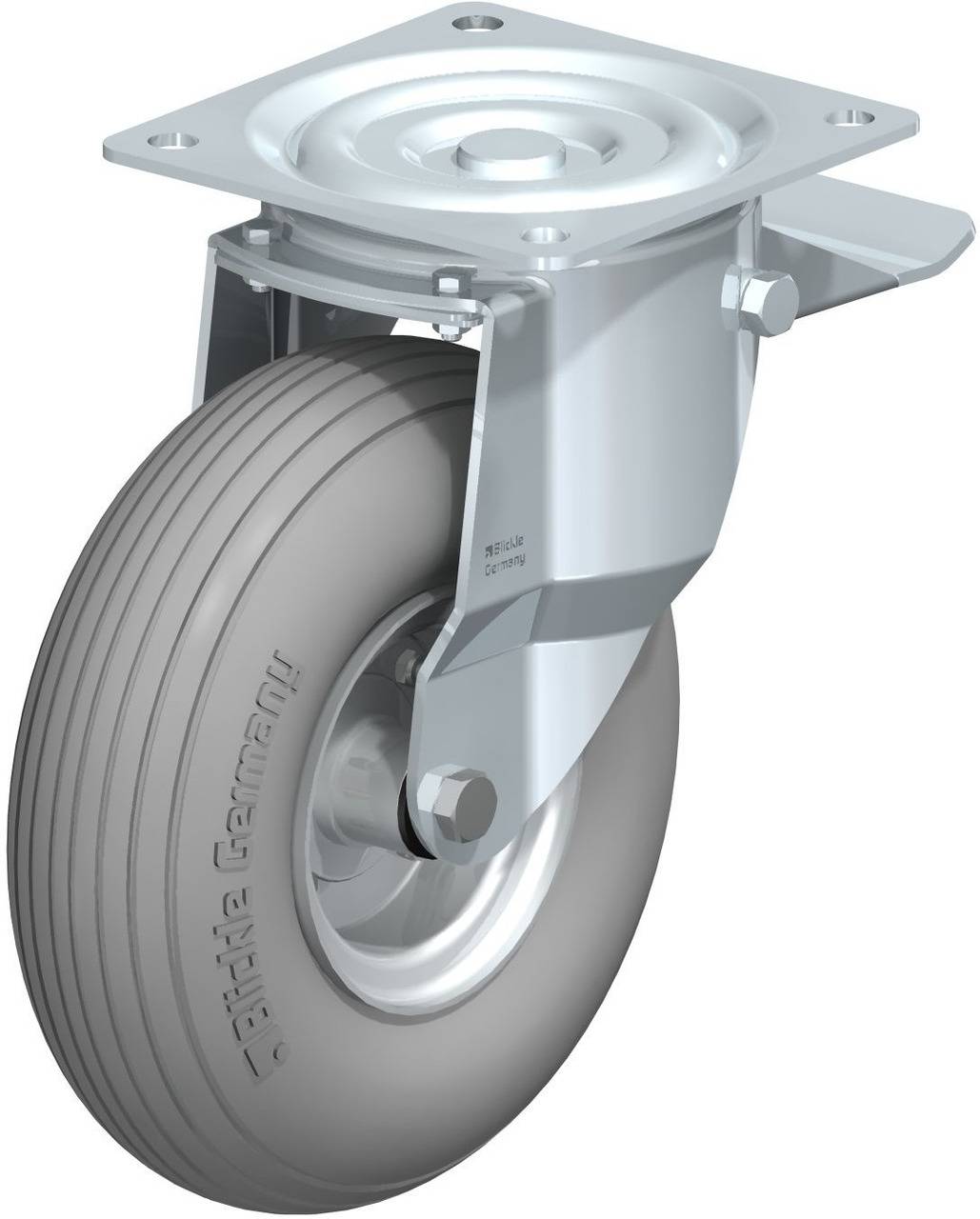 Schwenkrolle mit grauem Gummi und Metallhalterung für Transportgeräte, sichtbare Schraubbefestigung.