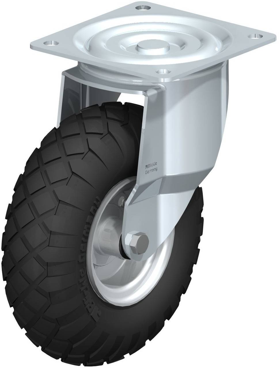 Schwenkrolle mit massiver Gummibereifung und Metallhalterung. Geeignet für schwere Lasten, bietet Stabilität und Lenkbarkeit.