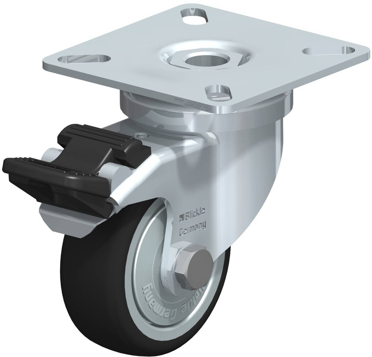 Eine einzelne lenkbare Möbelrolle mit Metallplatte und schwarzem Rad. Geeignet für den Einsatz in Möbeln zum einfachen Bewegen.
