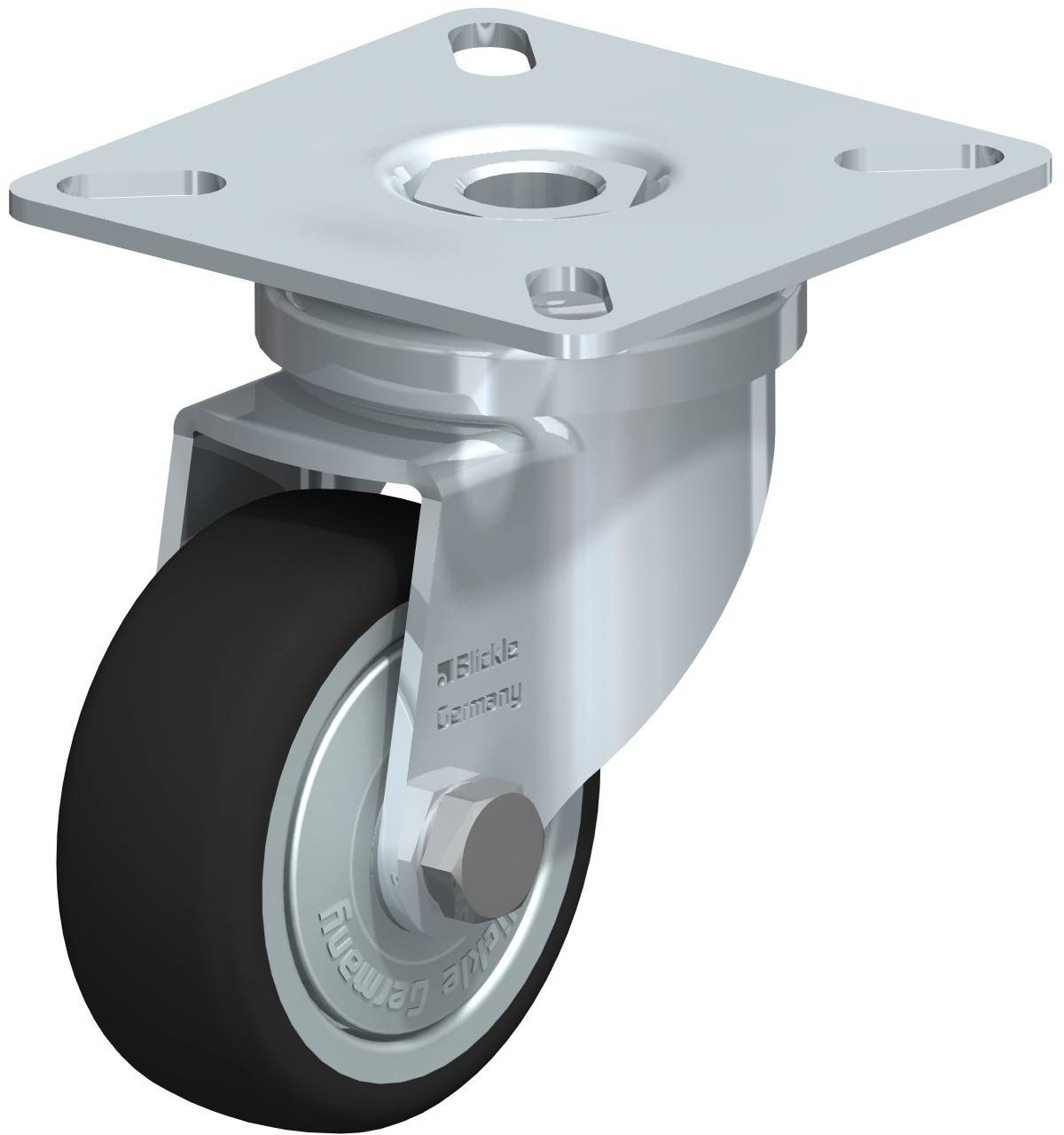 Industrie-Schwenkrolle mit schwarzem Rad, montiert auf einem silbernen Metallgehäuse mit einer Befestigungsplatte oben.