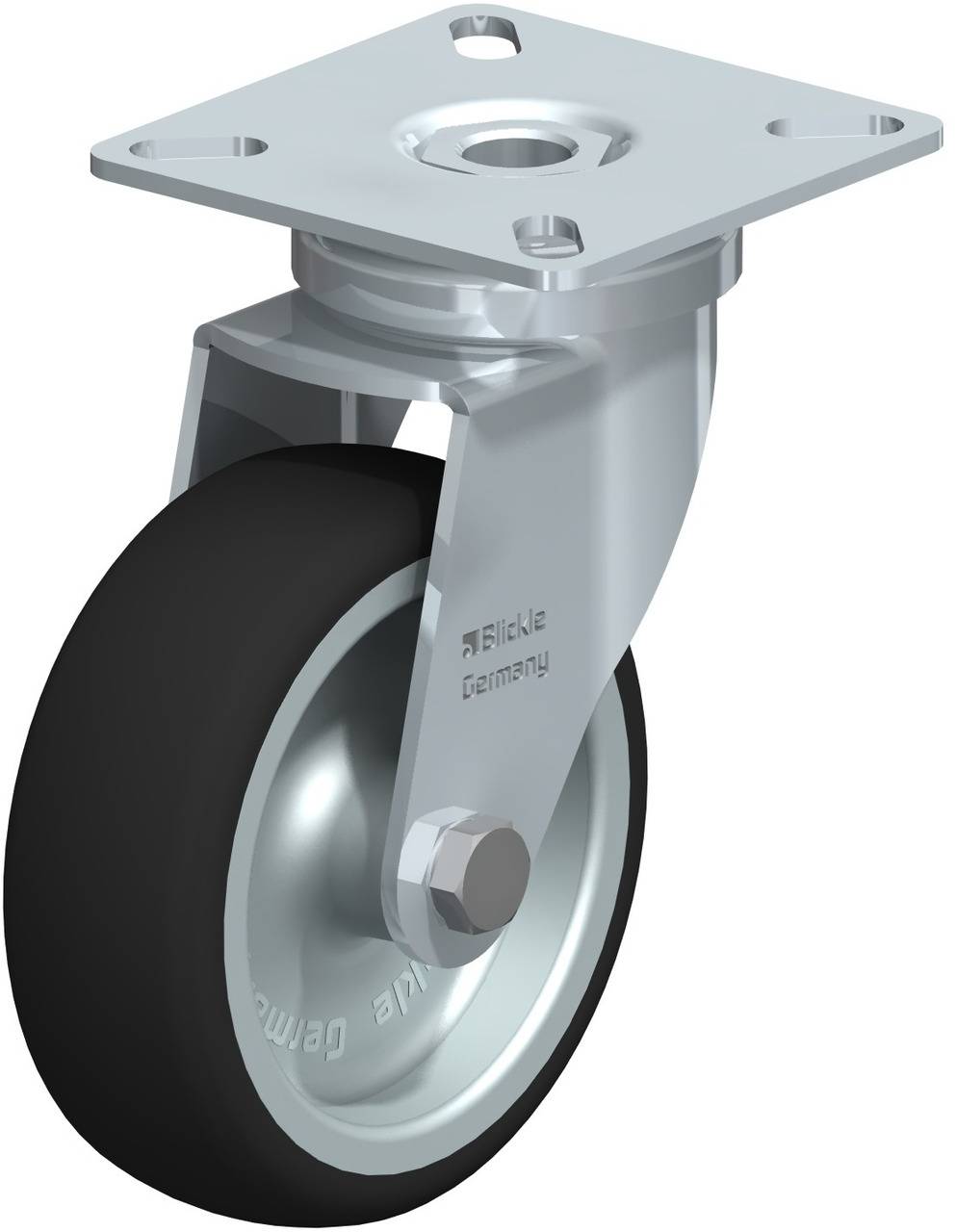 Industrielle Lenkrolle aus Metall mit schwarzem Reifen und rechteckiger Montageplatte, geeignet für schwere Lasten.