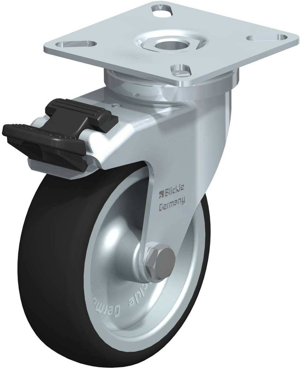 Schwenkrolle mit Bremse und Metallplatte zur Befestigung, geeignet für Möbel oder Transportgeräte. Robuste Bauweise für stabilen Halt.