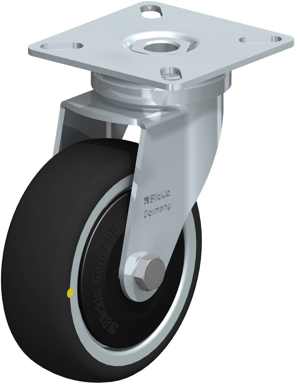 Schwenkrolle aus Metall mit schwarzem Gummirad und rechteckiger Montageplatte, geeignet für industrielle Anwendungen.