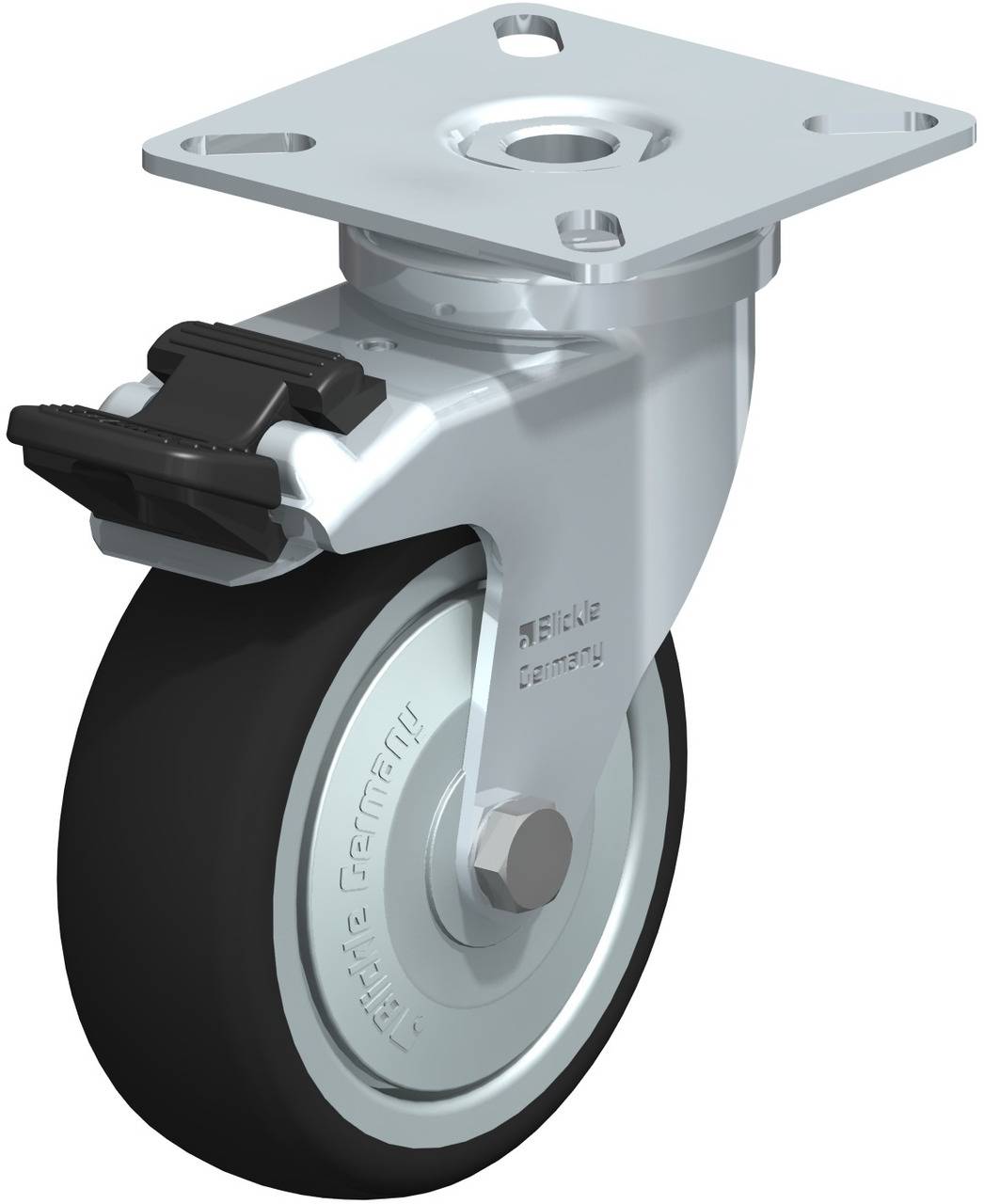 Eine lenkbare Rollenmontage aus Metall mit schwarzem Rad und Bremse, geeignet für Möbel oder Transportgeräte, Hersteller 'Räke Germany'.
