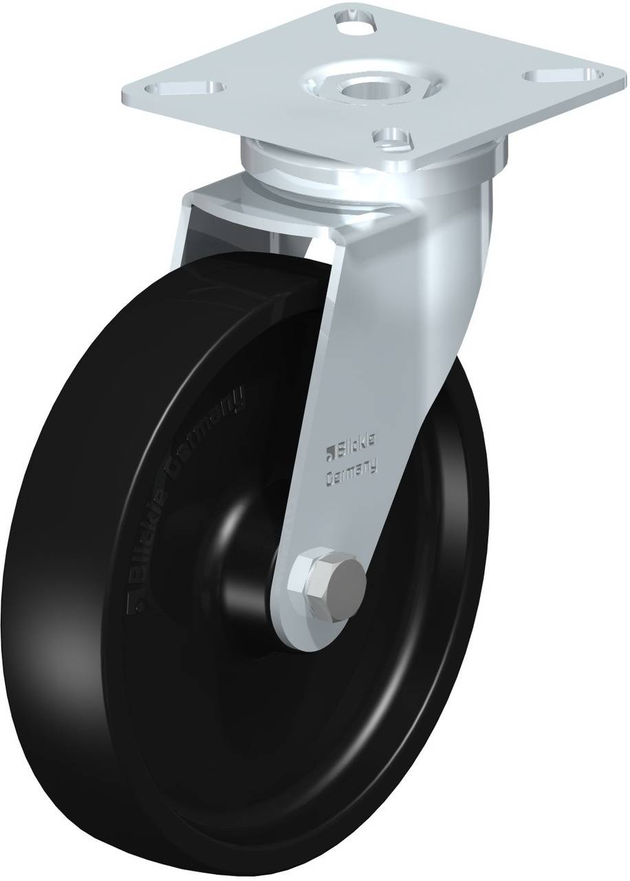 Schwenkrolle aus Metall mit schwarzem Rad und Montageplatte; verwendet für bewegliche Möbel oder Geräte.