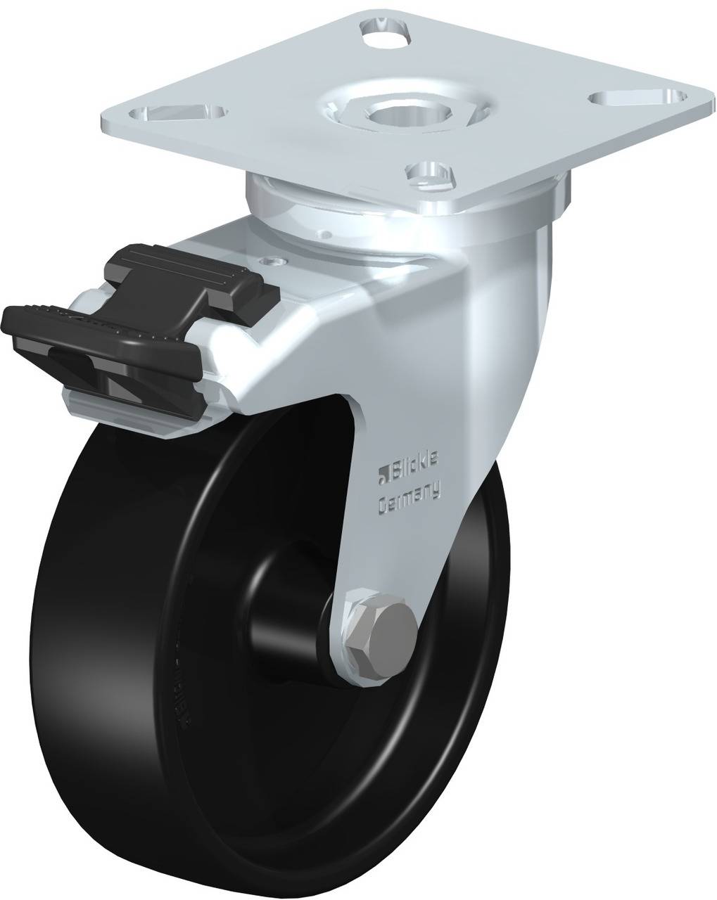 Drehbares Schwerlast-Lenkrolle mit Bremse, schwarzem Rad und Metallgehäuse, für industrielle Anwendungen.