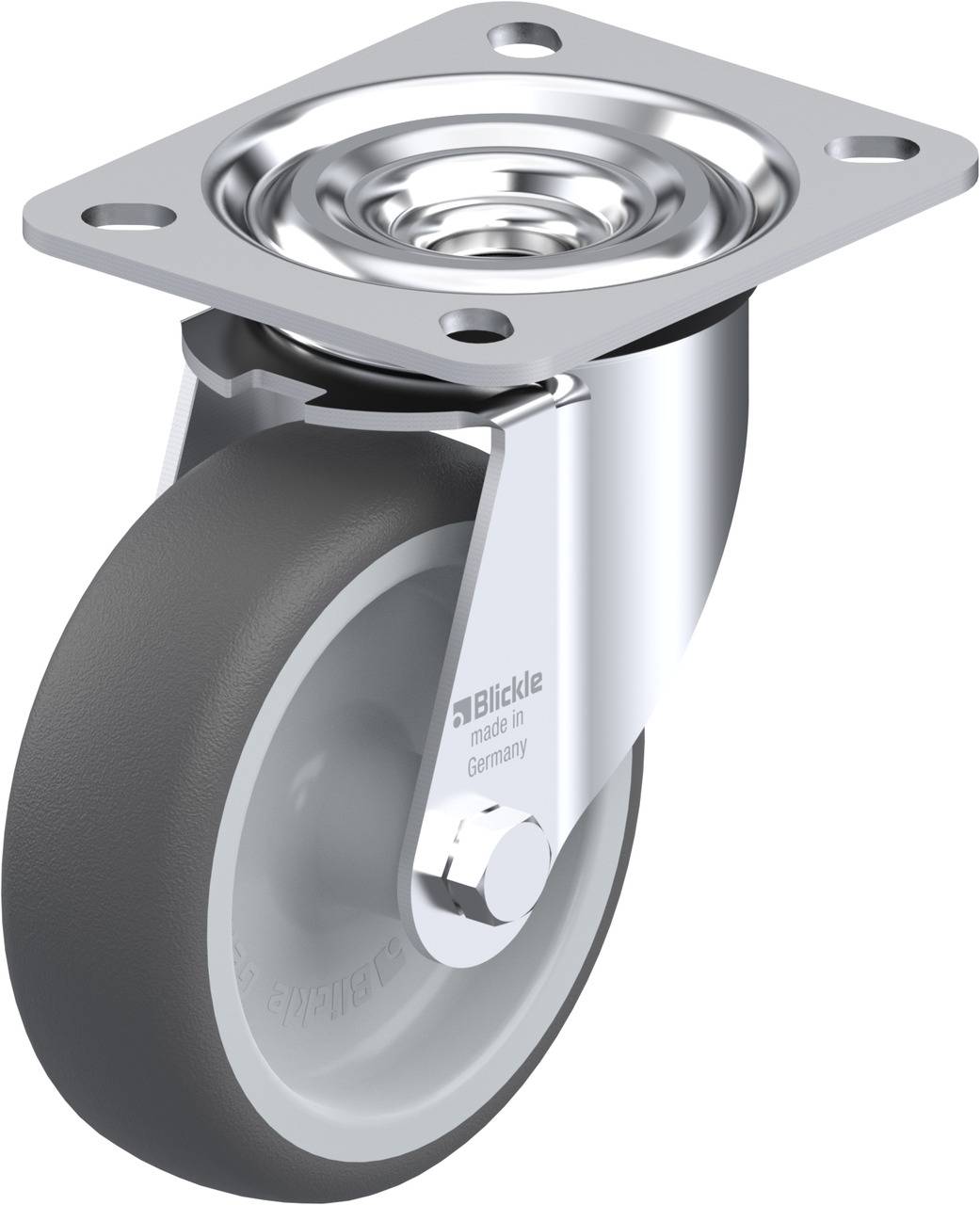 Industrie-Rollenrad in Silber und Grau, befestigt an einer Metallplatte. Geeignet für den Einsatz in schweren Maschinen und Möbeln.