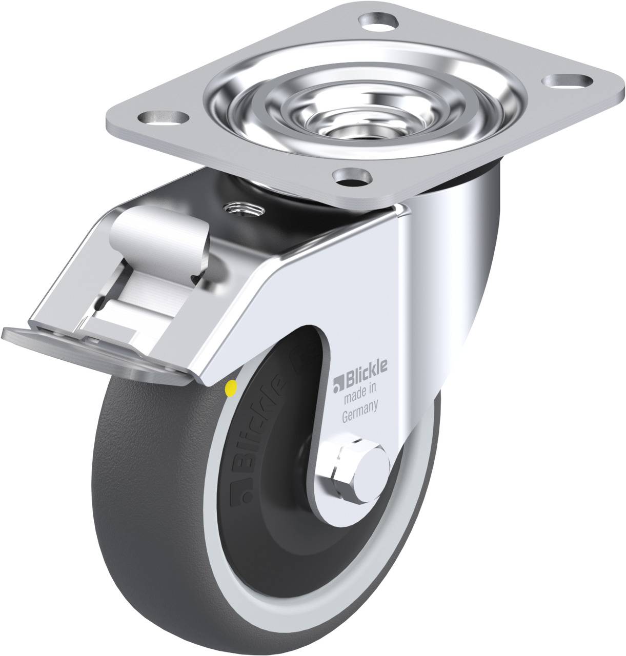 Metallrolle mit schwarzem Rad und Befestigungsplatte, geeignet für industrielle Anwendungen. Hergestellt in Deutschland.