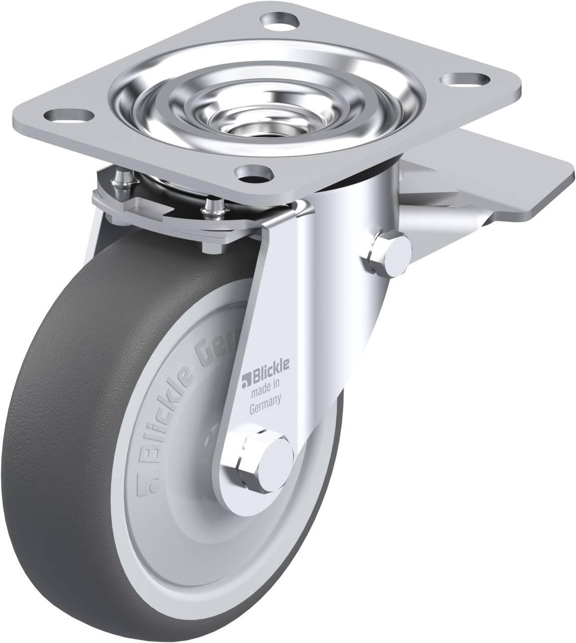 Ein graues Lenkrolle mit Metallschwenkplatte, geeignet für industrielle Anwendungen. Die Aufschrift lautet: 'Blickle Germany'.