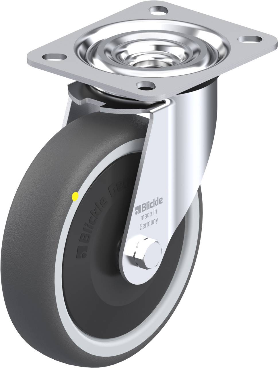 Schwenkrolle mit schwarzem Rad, silbernem Gehäuse und Befestigungsplatte, geeignet für Mobiliar oder Transportgeräte.